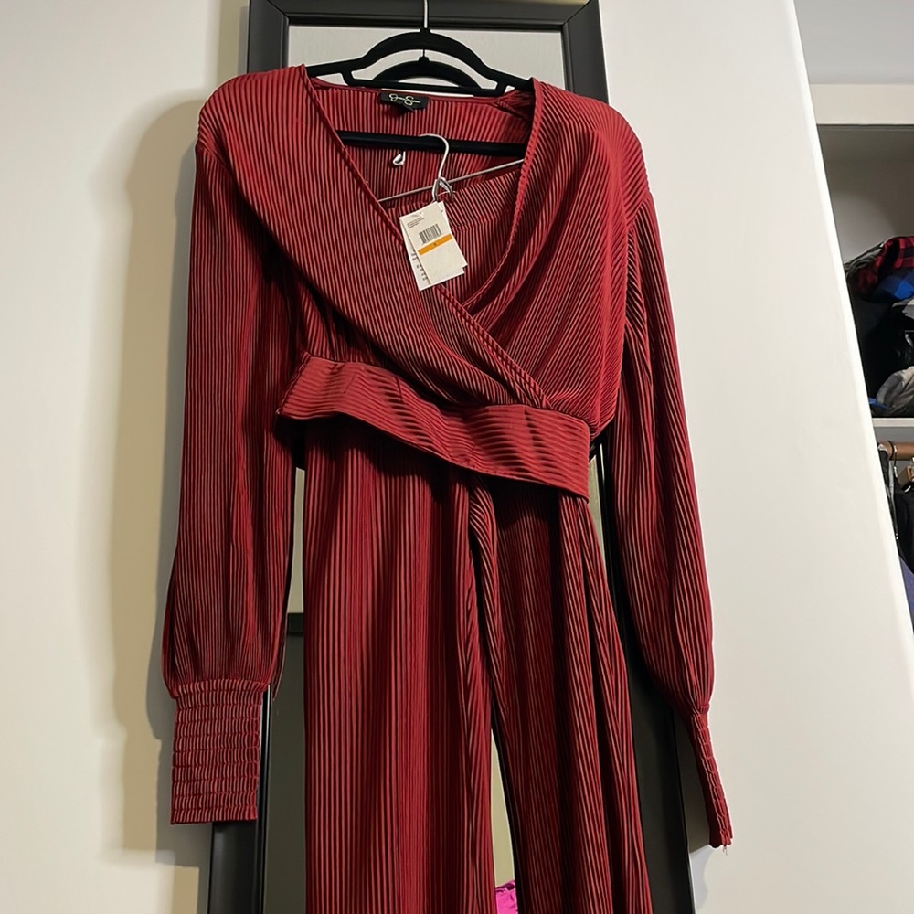 Jessica Simpson Burgundy Pleated Wrap Jumpsuit